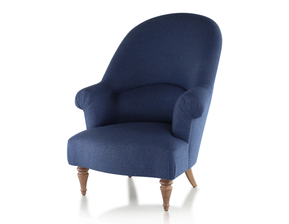 Fauteuil crapaud avec accoudoirs pieds bois teinte noyer et tissu bleu marine haut dossier