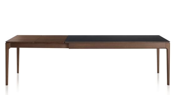 Table extensible 8 à 12 personnes en chêne et céramique allonges bois avec bois teinte marron foncé et plateau céramique noir unie 180x100 cm