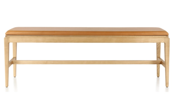 Banc design bois teinte naturelle assise cuir caramel L140 cm