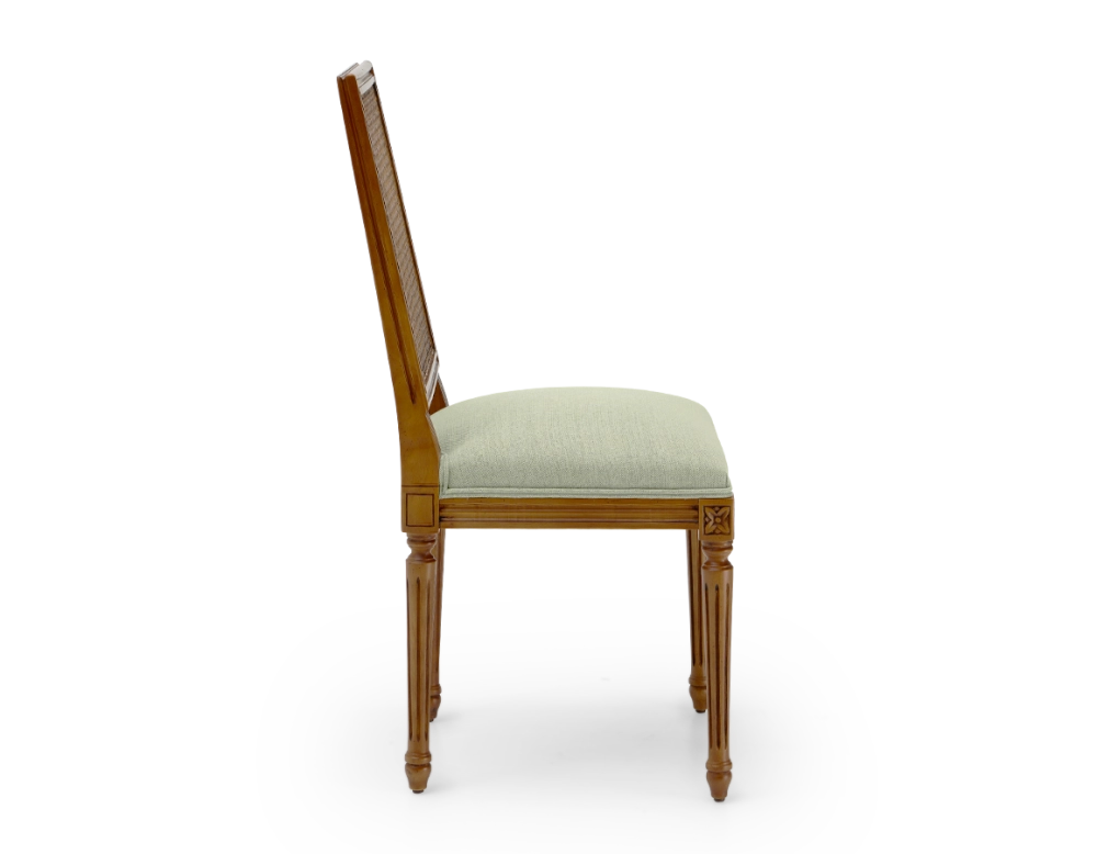 Louis XVI style antique chair cane back chair with sage green fabric seat