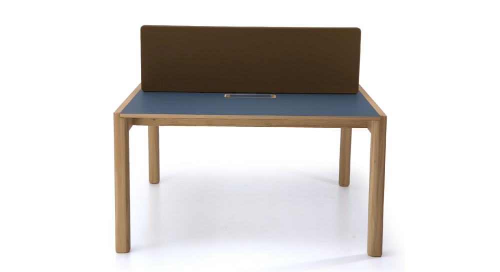 Bureau bench 2 postes chêne teinte naturelle plateau fenix bleu foncé 140x160
