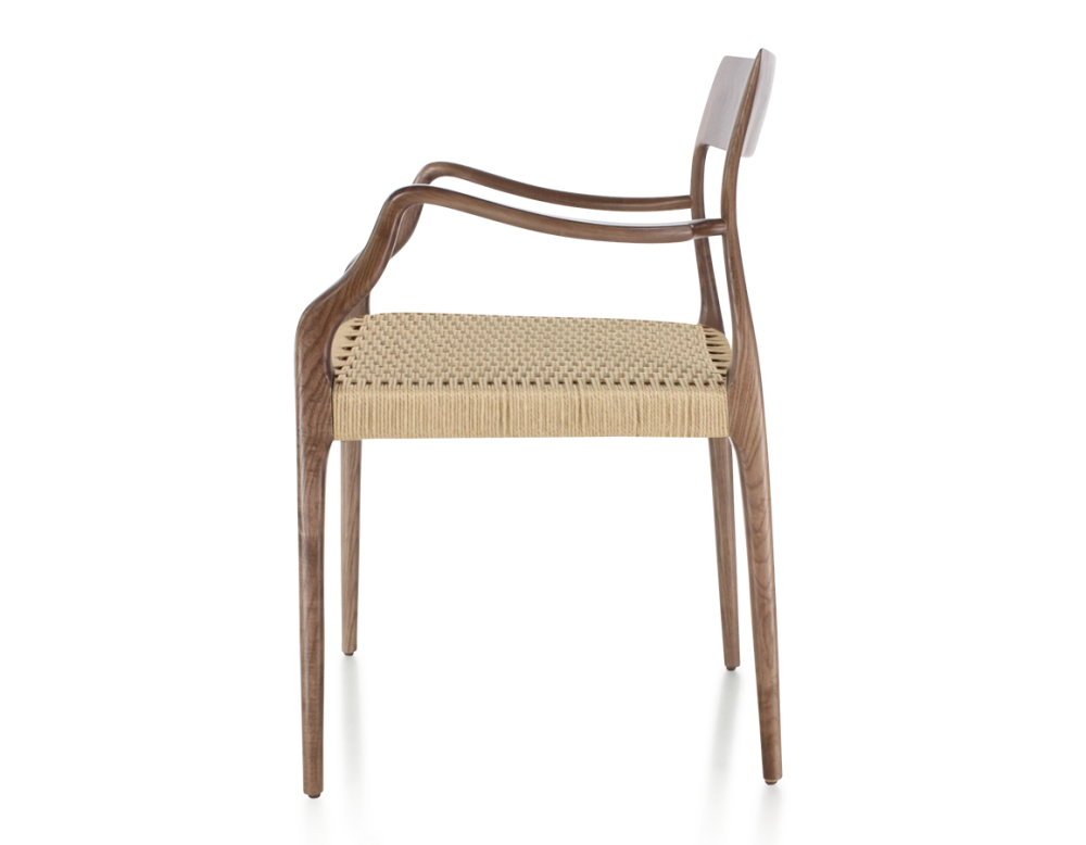 Chaise scandinave avec accoudoirs bois teinte marron foncé assise corde