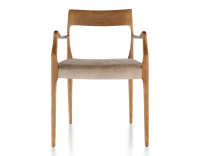 Chaise scandinave avec accoudoirs bois teinte merisier assise tissu velours taupe clair