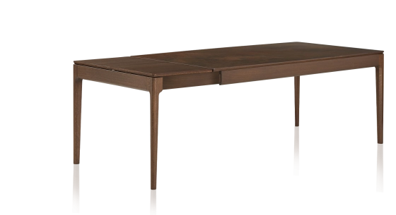 Table extensible 6 à 10 personnes en chêne et céramique allonges bois avec bois teinte marron foncé et plateau céramique brun oxydé 140x90 cm