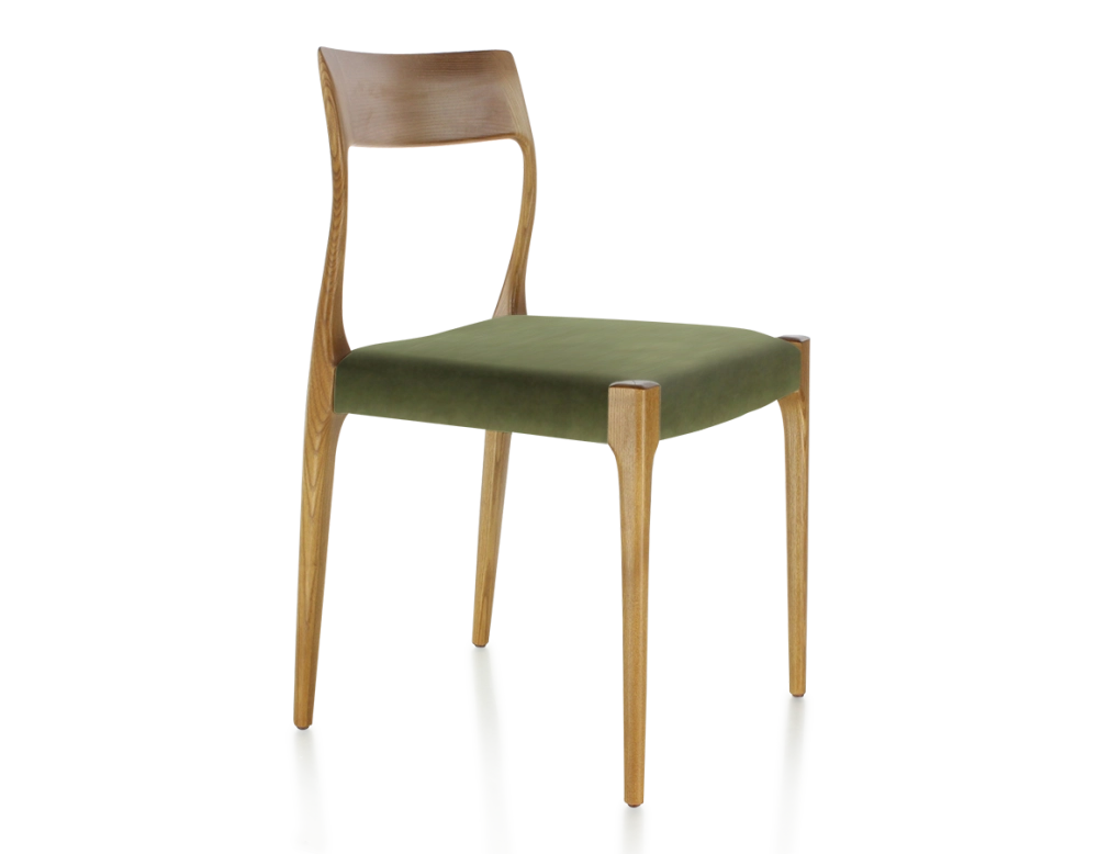 Chaise scandinave bois teinte merisier assise tissu vert olive