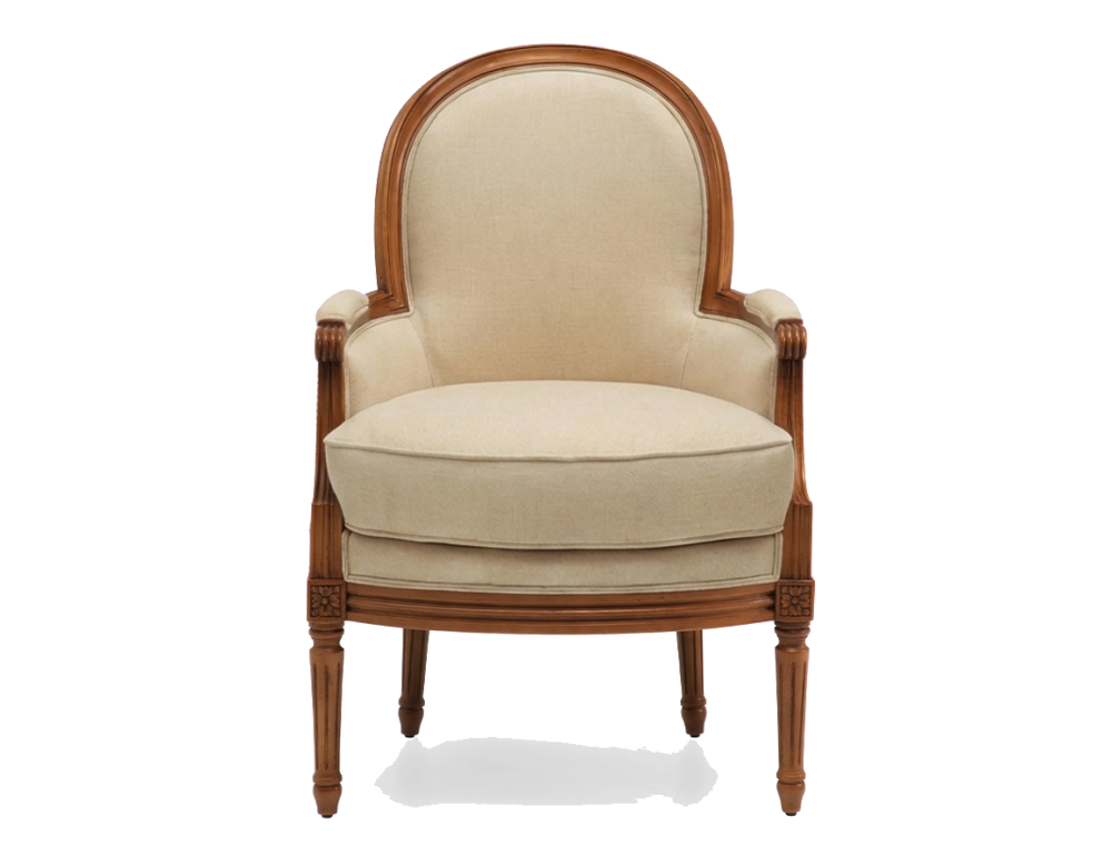 Fauteuil bergère mouluré style Louis XVI bois teinte ancienne et tissu crème