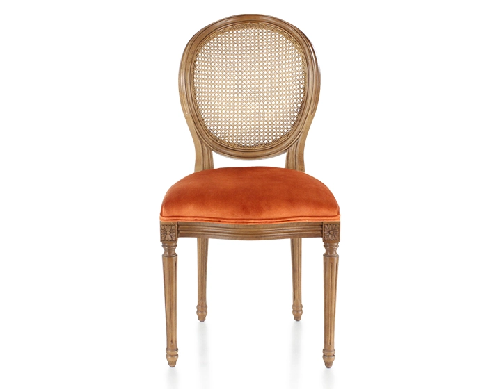 Chaise ancienne style Louis XVI bois teinte ancienne dossier canné assise tissu velours terracotta