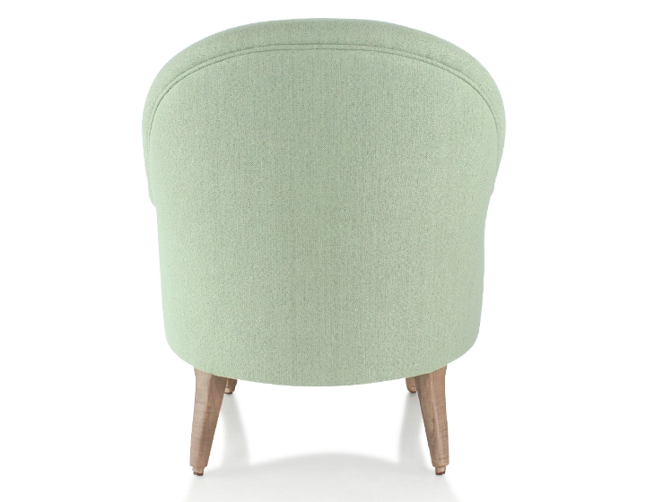 Fauteuil crapaud avec accoudoirs pieds bois teinte noyer et tissu vert sauge