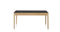 Extendable table for 8 to 14 people in oak and ceramic with wooden extensions with natural stained wood and black marble effect ceramic top 210x100 cm