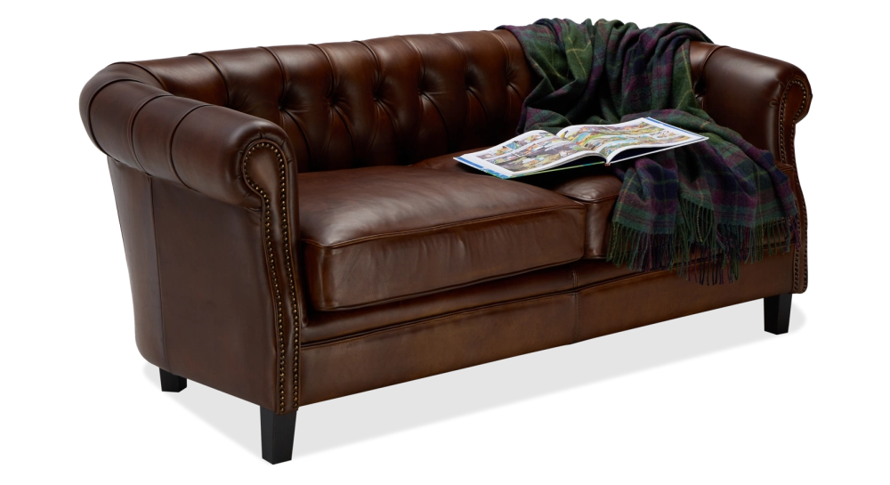 2 seater Chesterfield leather sofa dark brown studded armrests