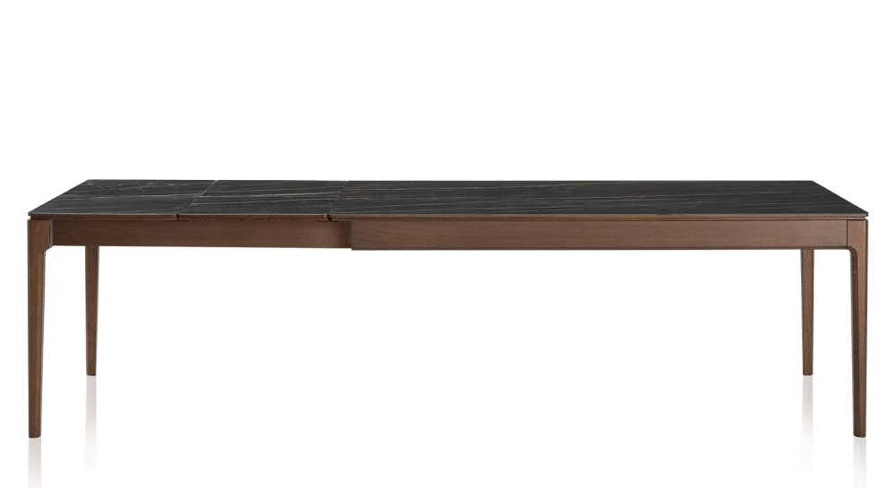 Table extensible en chêne et céramique 6 à 10 personnes allonges céramique avec bois teinte marron foncé et plateau et allonges céramique effet marbre noir 140x90 cm