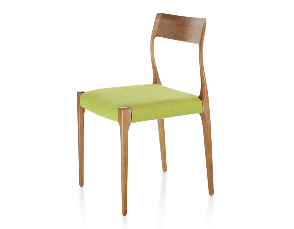 Chaise scandinave bois teinte merisier assise tissu vert pomme