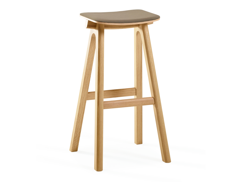 Upholstered oak bar stool H80 cm wood natural tint seat taupe fabric