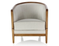 Antique armchair with moulded armrests wood stained antique and natural beige fabric