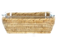 Plat pyrex carré avec support en rotin naturel