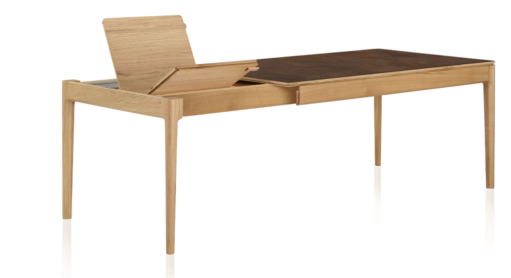 Extendable table for 6 to 10 people in oak and ceramic with wooden extensions with natural stained wood and oxidised brown ceramic top 140x90 cm