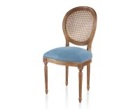 Chaise ancienne style Louis XVI bois teinte ancienne dossier canné assise tissu bleu jeans