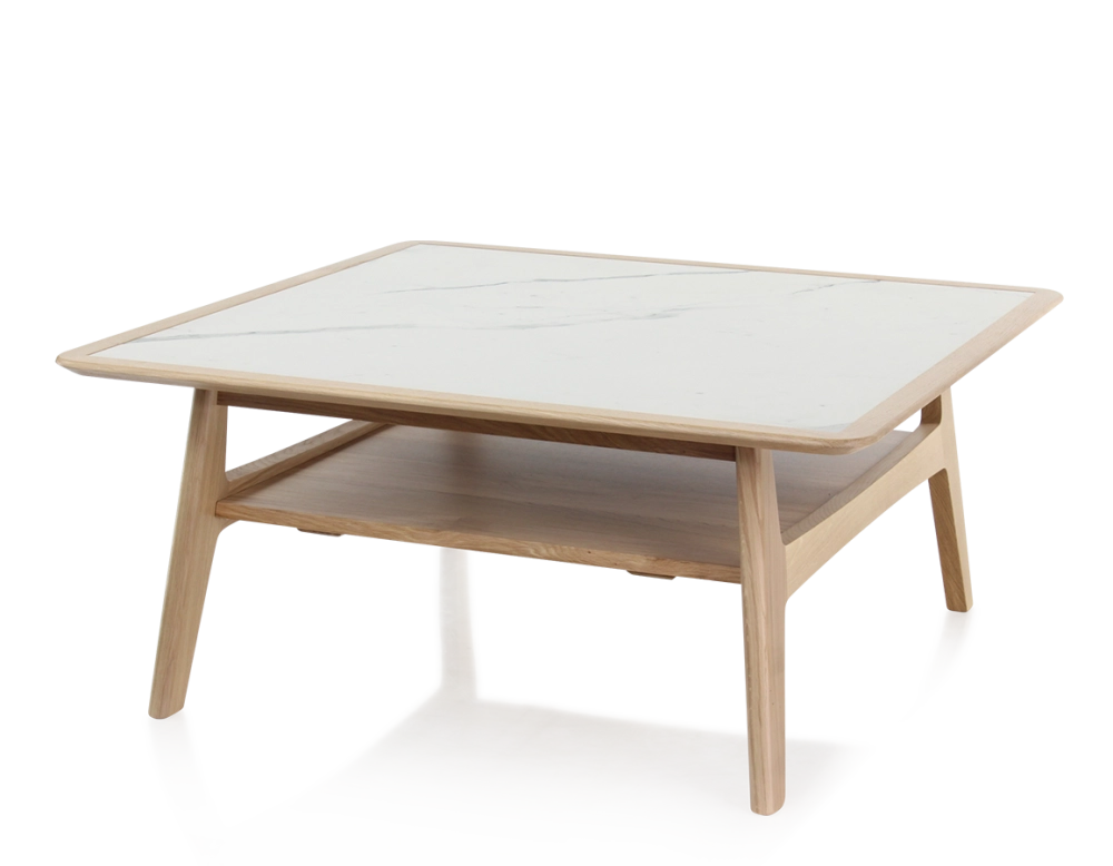 Table basse carrée en chêne et céramique avec bois teinte naturelle plateau céramique effet marbre blanc 100x100 cm