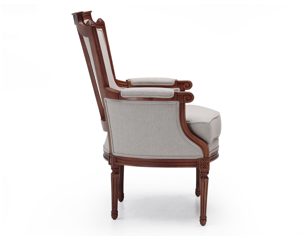 Fauteuil bergère style Louis XVI bois teinte ancienne et tissu beige naturel
