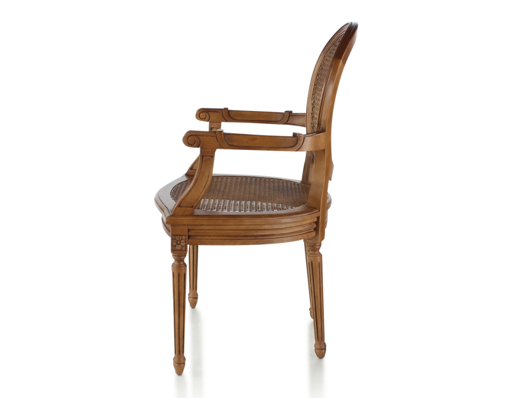 Antique Louis XVI style armchair with armrests wood stained antique seat and back caned