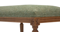 Louis XVI style antique bench wood antique stain and green mottled fabric.