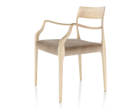 Chaise scandinave avec accoudoirs bois teinte naturelle assise tissu velours taupe clair