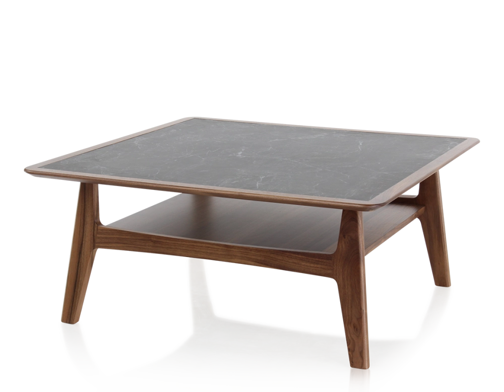 Table basse carré en noyer et céramique bois teinte naturelle plateau céramique effet ardoise 100x100 cm