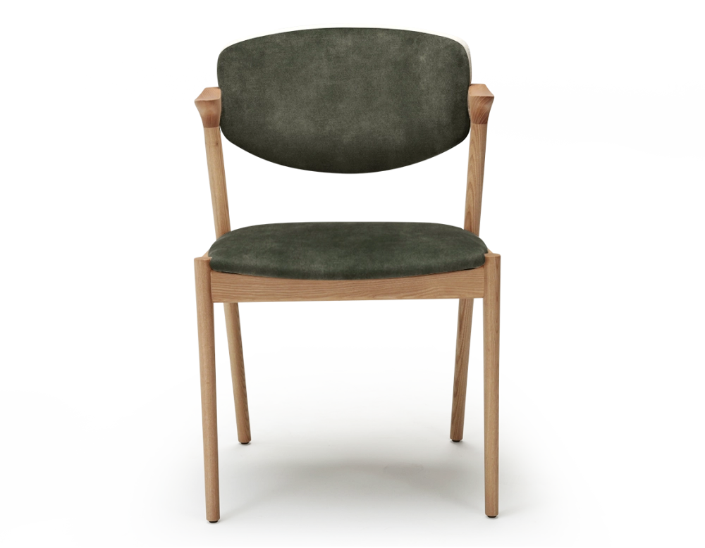 Scandinavian chair wood with a natural finish, velvet fabric seat in forest green.