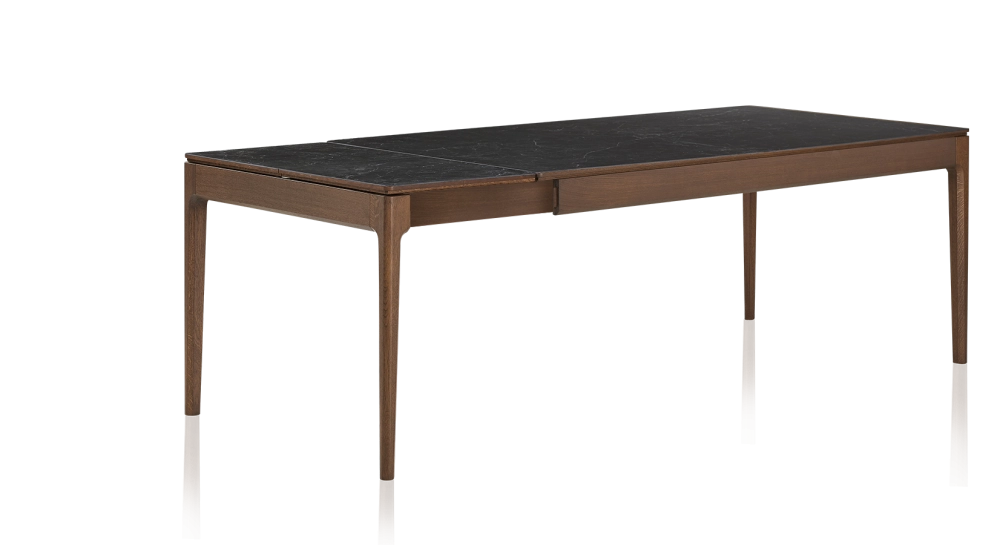 Table extensible en chêne et céramique 6 à 10 personnes allonges céramique avec bois teinte marron foncé et plateau et allonges céramique effet ardoise 140x90 cm