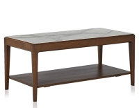 Mesa de centro rectangular de roble y cerámica con estante en madera tinte marrón oscuro tablero cerámico efecto mármol blanco 100x50 cm