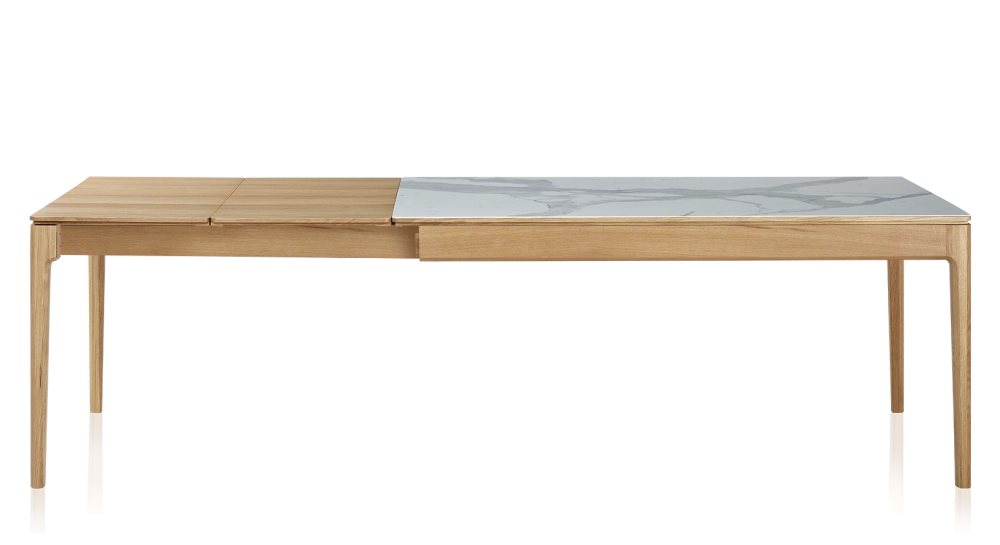 Extendable table for 8 to 14 people in oak and ceramic with wooden extensions with natural stained wood and white marble effect ceramic top 210x100 cm