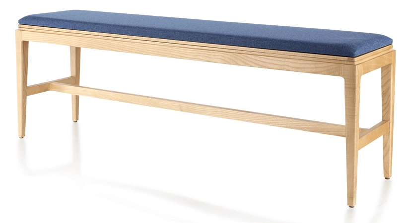 Banc design bois teinte naturelle assise tissu bleu marine L120 cm