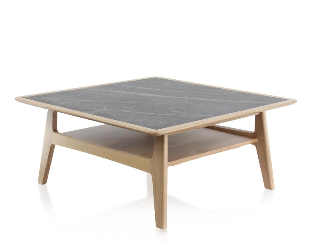 Table basse carrée en chêne et céramique avec bois teinte naturelle plateau céramique effet marbre noir 100x100 cm
