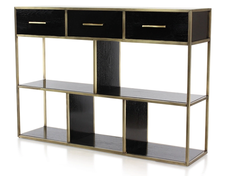 Consola de diseño fresno lacado negro y metal con pátina de latón
