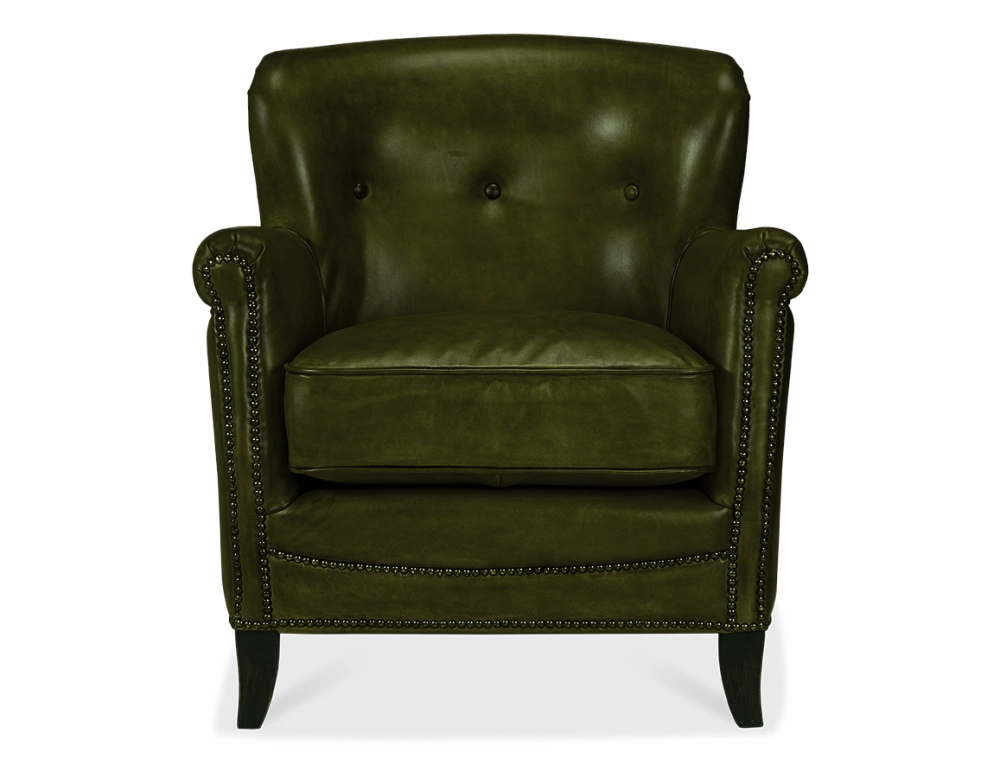 Sillón club de piel verde oliva reposabrazos con tachuelas
