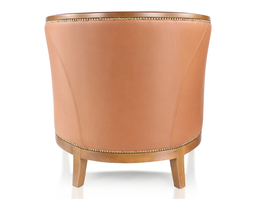 Fauteuil ancien accoudoirs moulurés bois teinte ancienne et cuir caramel