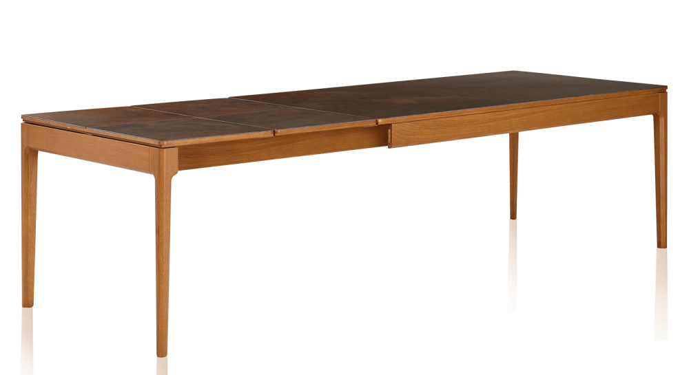 Table extensible en chêne et céramique 6 à 10 personnes allonges céramique avec bois teinte merisier et plateau et allonges céramique brun oxydé 140x90 cm