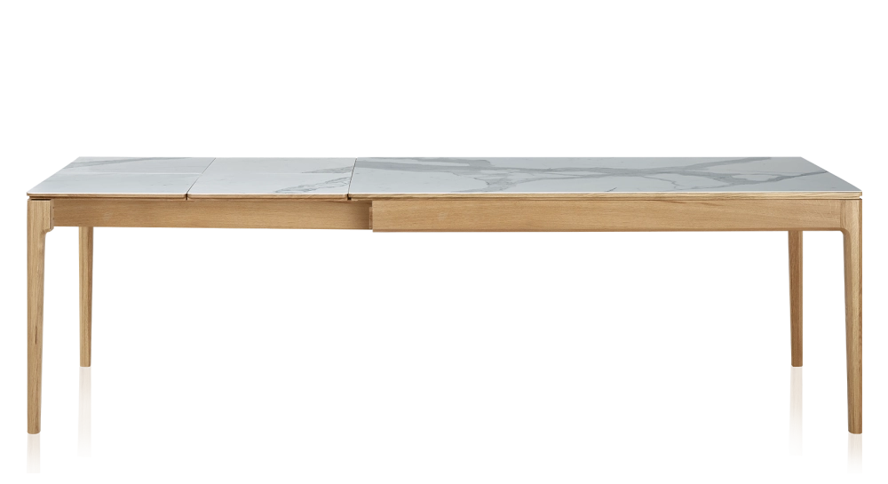 Table extensible en chêne et céramique 6 à 10 personnes allonges céramique avec bois teinte naturelle et plateau et allonges céramique effet marbre blanc 140x90 cm