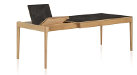 Table extensible en chêne et céramique 6 à 10 personnes allonges céramique avec bois teinte naturelle et plateau et allonges céramique effet ardoise 140x90 cm