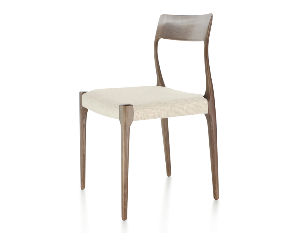 Chaise scandinave bois teinte marron foncé assise tissu chevron beige