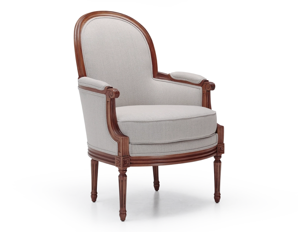 Fauteuil bergère mouluré style Louis XVI bois teinte ancienne et tissu beige naturel