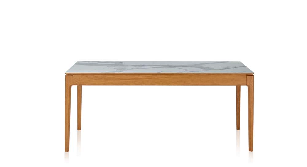 Table extensible 6 à 10 personnes en chêne et céramique allonges céramique avec bois teinte merisier et plateau et allonges céramique effet marbre blanc 160x100 cm