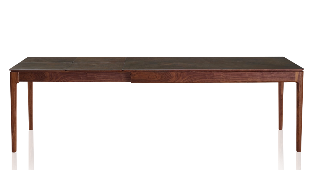 Walnut and ceramic extending table for 6 to 10 people with ceramic extensions with natural stained wood and oxidised brown ceramic top 140x90 cm