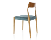 Chaise scandinave bois teinte merisier assise tissu velours bleu pétrole