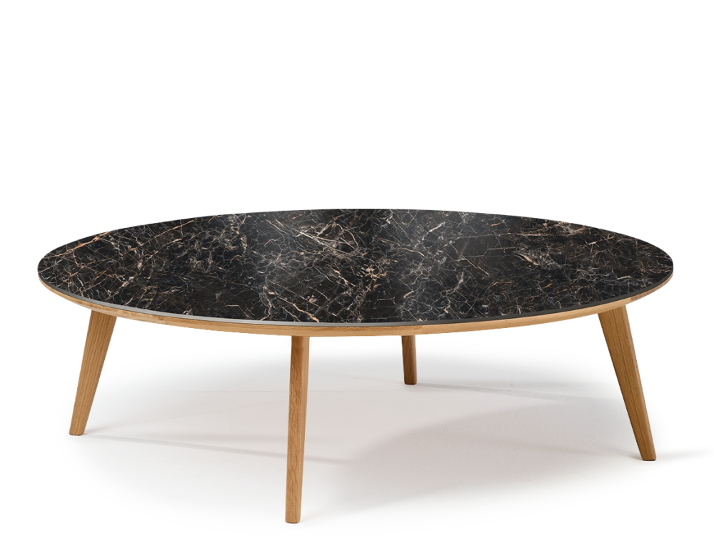 Table basse ronde F1 en chêne et céramique bois teinte naturelle plateau céramique effet marbre noir 120x120x30 cm