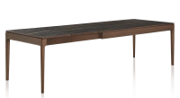 Table extensible en chêne et céramique 6 à 10 personnes allonges céramique avec bois teinte marron foncé et plateau et allonges céramique effet marbre noir 140x90 cm