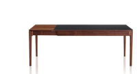 Table extensible 6 à 10 personnes en noyer et céramique allonges bois avec bois teinte naturelle et plateau céramique noir unie 160x100 cm