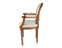 Antique Louis XVI style armchair with armrests wood stained in antique style and beige chevron fabric