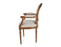 Silla antigua estilo Luis XVI con reposabrazos madera con tinte envejecido y tejido beige natural