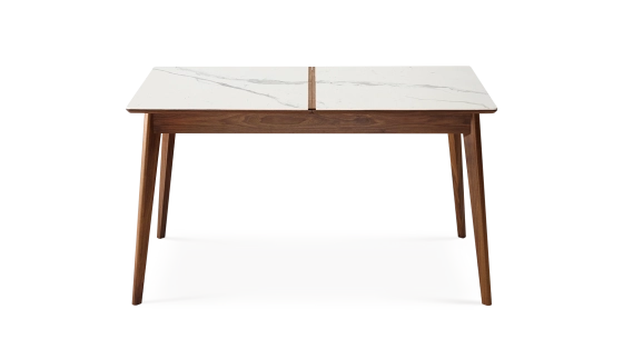 Table extensible 6 à 8 personnes en noyer et céramique allonges bois avec bois teinte naturelle et plateau céramique effet marbre blanc 160x100 cm